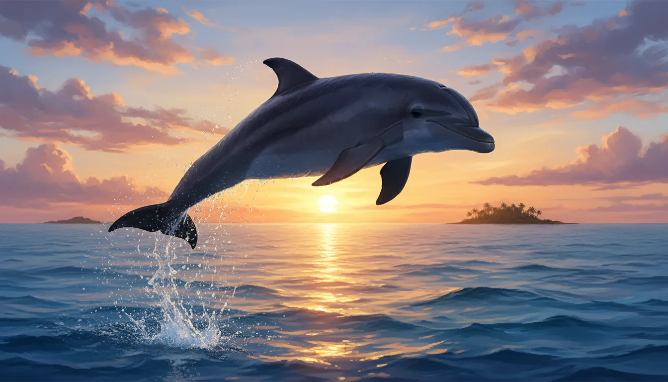 A majestic dolphin leaps from clear ocean water at sunset, illuminated by golden light.